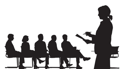 Silhouette of a female teacher presenting to a seated audience of students in a classroom, conveying education and learning.