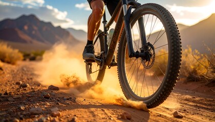 Mountain biker riding on dusty trail.