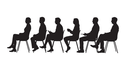 Diverse group of people silhouettes sitting on chairs in a row, engaged in individual activities, conveying a sense of waiting or presentation.