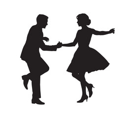 Silhouette of a couple joyfully dancing the lindy hop swing dance, capturing dynamic movement and retro elegance in black.
