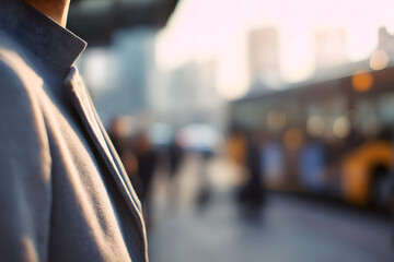 A company staff member waiting for a bus, with blurred professional attire and gentle natural morning light