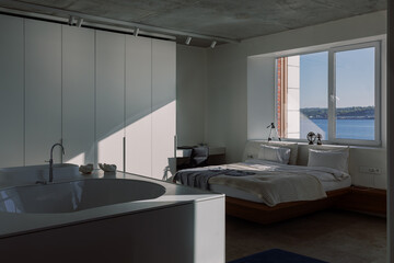 Modern Minimalist Bedroom with Water View and Built-in Bathtub