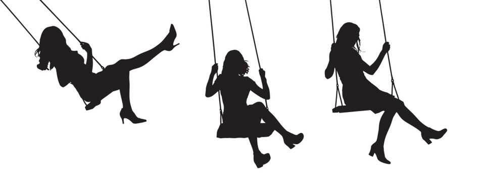 Three silhouette women swinging on playground swings, isolated on white background, dynamic motion, enjoying leisure and freedom.