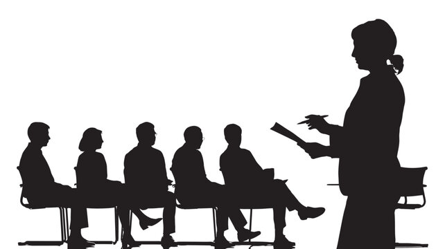 Silhouette of a female teacher presenting to a seated audience of students in a classroom, conveying education and learning.