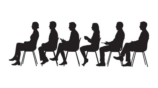 Diverse group of people silhouettes sitting on chairs in a row, engaged in individual activities, conveying a sense of waiting or presentation.