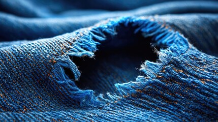Close up view of distressed denim fabric concept. Close-up of a torn denim fabric showcasing its textured details.