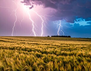 Dramatic lightning strikes over a golden wheat field at twilight