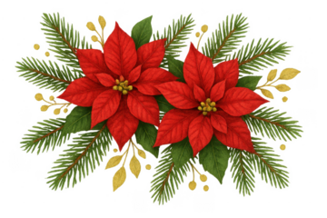 Poinsettia flowers with fir branches and golden leaves
