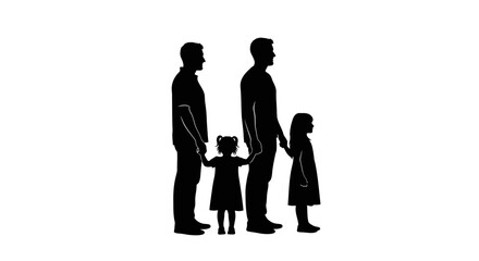 Joyful family bonding, two fathers and daughters holding hands, celebrating love and unity in a modern, inclusive representation.