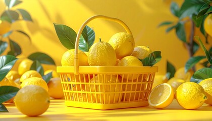 Lemons in basket with yellow background.