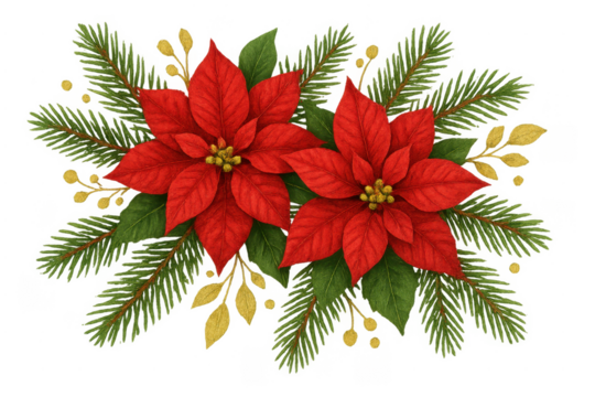 Poinsettia flowers with fir branches and golden leaves