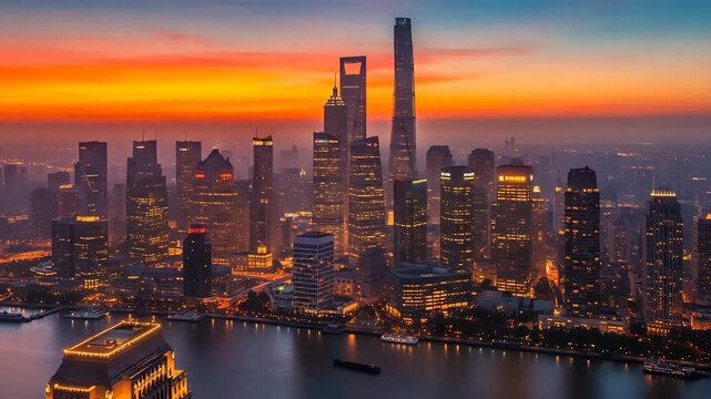 Shanghai Pudong skyline at sunset with river and boats