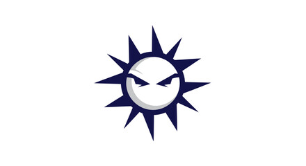 Stylized sun illustration with sharp rays and stern face on white backdrop