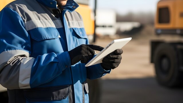 Worker in blue uniform using a tablet outdoors near trucks.