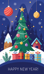 Festive New Year's greeting with decorated tree, gifts, and winter scene evokes joyful holiday spirit and cozy celebration, perfect for seasonal campaigns