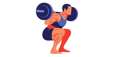 Dynamic illustration of a male athlete performing a barbell back squat, a fundamental strength training exercise for building powerful legs, core, and overall physical fitness
