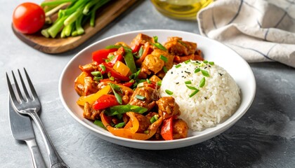 Stirfry chicken and rice dish.