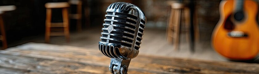 Vintage microphone and acoustic guitar setting concept. Vintage microphone on a wooden table in an inviting setting.