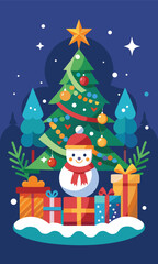 Cheerful festive Christmas tree and snowman with gifts, perfect for holiday greetings and seasonal promotions, bringing joy and warmth to your designs