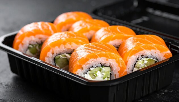 Fresh sushi rolls in black container.