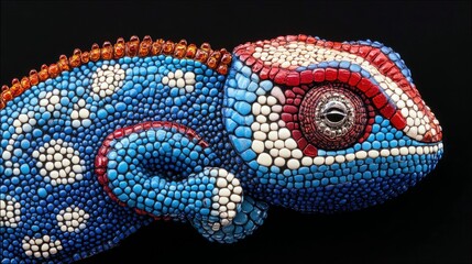 Close-up of a vibrant chameleon with blue, red, and white patterns, set against a dark background.