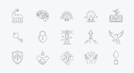 Empowering icons symbolizing strength, intellect, peace, guidance, growth, and well-being for modern concepts