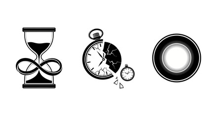 Symbolic representations of time's passage, infinity, and temporal breakdown powerfully conveyed through striking black and white icons. © MUHRODIN