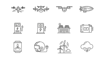 Modern energy solutions and future transport icons showcasing innovation, sustainability, and clean technology for dynamic projects