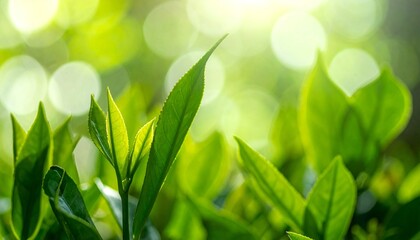 Fototapeta premium Green tea leaves with sunlight, bokeh, and nature.