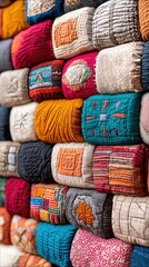 A close-up shot of a wall of colorful, textured fabric cushions. The cushions are stacked in a grid pattern, showcasing various patterns and colors.