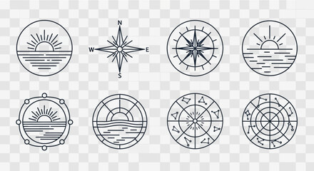 Celestial navigation icons, compass rose, sun over ocean, and constellation charts symbolizing adventure, travel, and discovery © MUHRODIN