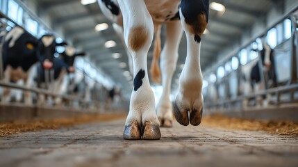 Close-up of a cows hooves walking in a barn, agricultural scene.