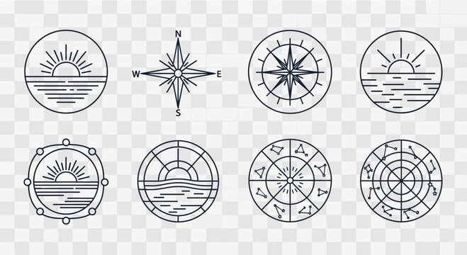 Celestial navigation icons, compass rose, sun over ocean, and constellation charts symbolizing adventure, travel, and discovery