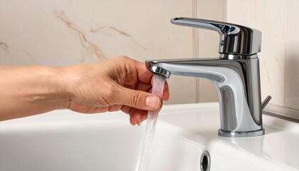 Hand turning faucet with water flowing into sink.