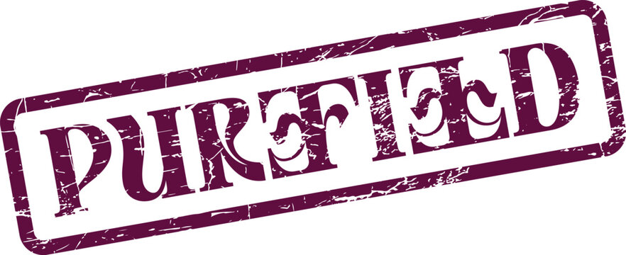 Distressed purple PUREFIED word within a vintage grunge rubber stamp design effect