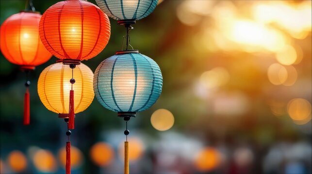Close-up of vibrant paper lanterns hanging outdoors with a blurred background of green foliage and warm sunlight.