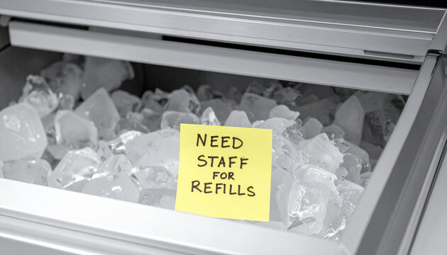 Frustrated yellow note in an empty ice bin highlights need for staff. current labor market shortages create challenges for businesses needing refills and help - Powered by Adobe