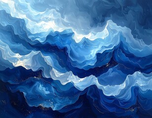 Flowing blue watercolor artwork with golden accents and fluid movement
