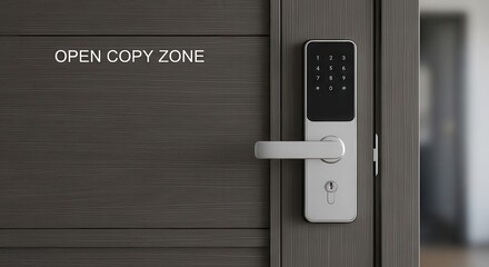 Modern electronic keypad door lock installed on a dark wooden entrance