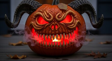 Obraz premium Breathing Demonic Jack-o'-Lantern Photorealistic macro shot of a elaborately carved pumpkin on a porch step, emitting real smoke
