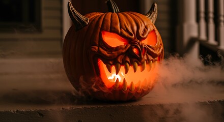 Breathing Demonic Jack-o'-Lantern Photorealistic macro shot of a elaborately carved pumpkin on a porch step, emitting real smoke