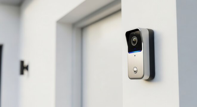 Modern video doorbell device mounted on a clean exterior wall beside a doorway