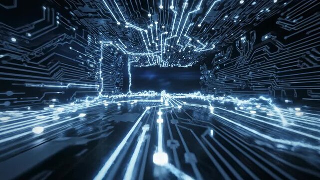 Seamless loop of electric blue energy flowing through complex, futuristic digital pathways and circuits across a dark background power, streaming, looping