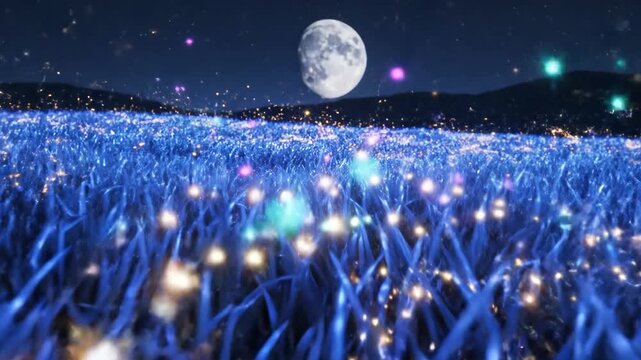 Blue grass field with glowing particles under full moon and distant hills at night.
