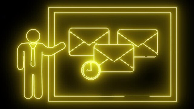 A yellow neon image shows a person presenting mailboxes and a clock all outlined in bright neon