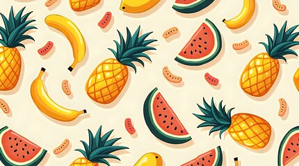 “A seamless repeating pattern of bold cartoon-style tropical fruits — pineapples, bananas, mangoes, watermelons — outlined in thick black lines, vibrant flat colors, playful textures, clean vector loo - Powered by Adobe
