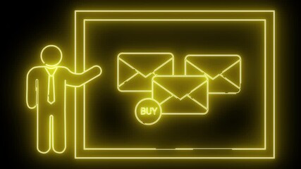 A yellow neon image of a figure presenting an email promotion within a screen