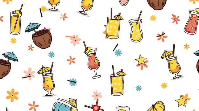 &ldquo;A seamless repeating pattern of cartoon-style tropical drinks &mdash; coconut drinks, fruity cocktails, lemonade jars &mdash; drawn with thick outlines, vivid flat colors, fun summer theme, vector art style.&rdquo;