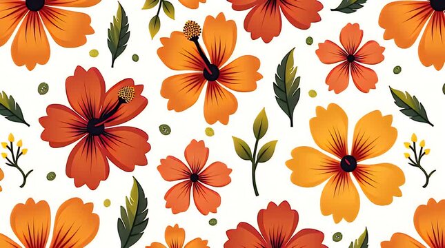 &ldquo;A repeating pattern of bold stylized flowers &mdash; hibiscus, plumeria, daisy shapes &mdash; in cartoon style with thick outlines, vibrant flat colors, textured leaf details, clean vector look, seamless layout.