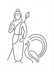 Obraz premium Line art illustration of lord murugan with vel and peacock in simplistic black and white design style